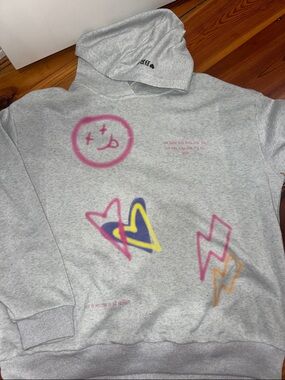 Kids Grey Hoodie with Pink & Yellow Graffiti Hearts - Unbranded